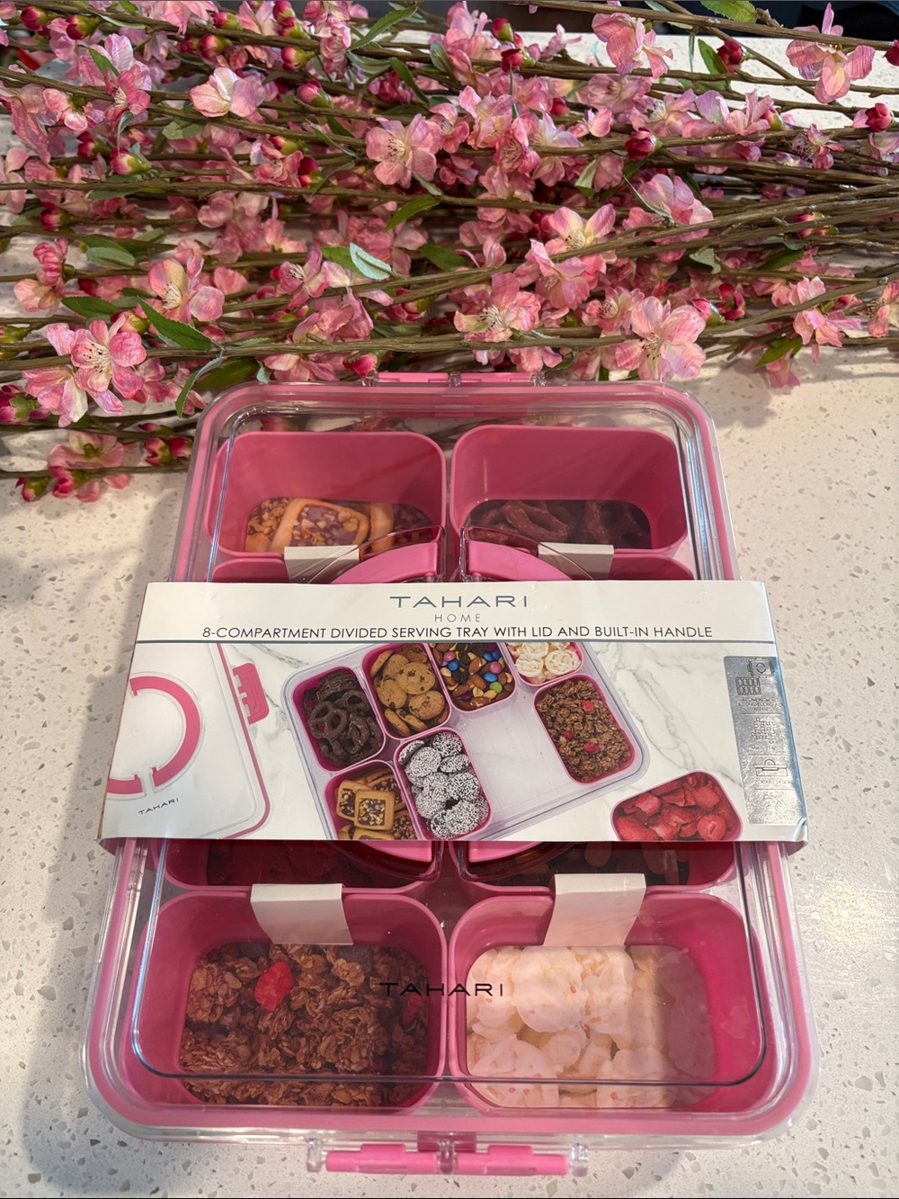 Tahari Pink 8-Compartment Divided Serving Tray with Clear Lid